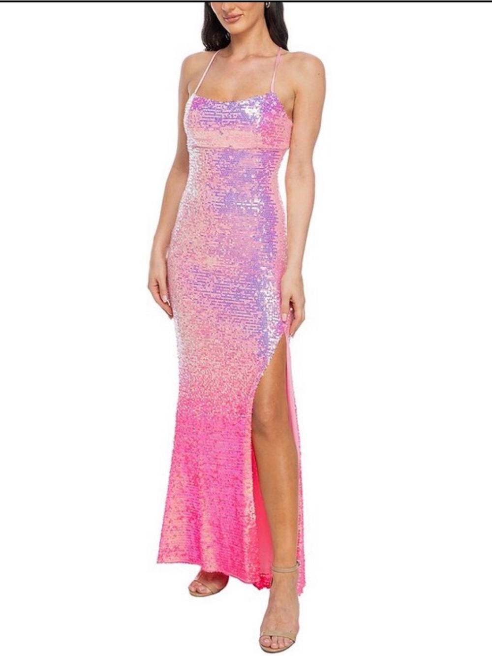 Jump Pink Sequin Ombre Spaghetti-Strap Prom Gown